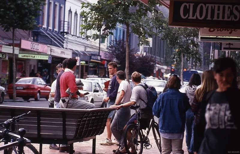Busy city street in the 1990s