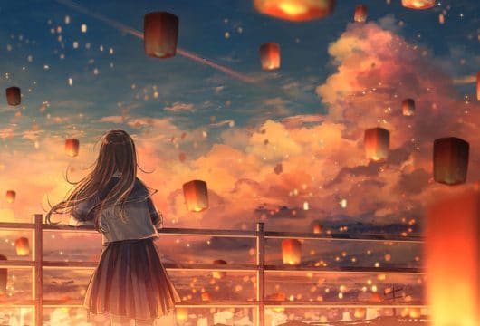 Anime illustration of woman surrounded by floating lanterns