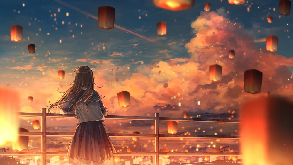 Anime illustration of woman surrounded by floating lanterns