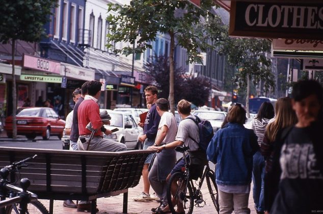 Busy city street in the 1990s