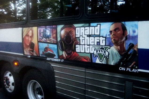 GTA V advertisement on the side of a bus