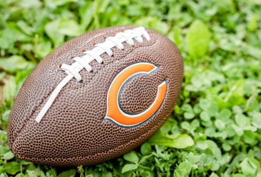 Football with Chicago Bears logo resting in the grass
