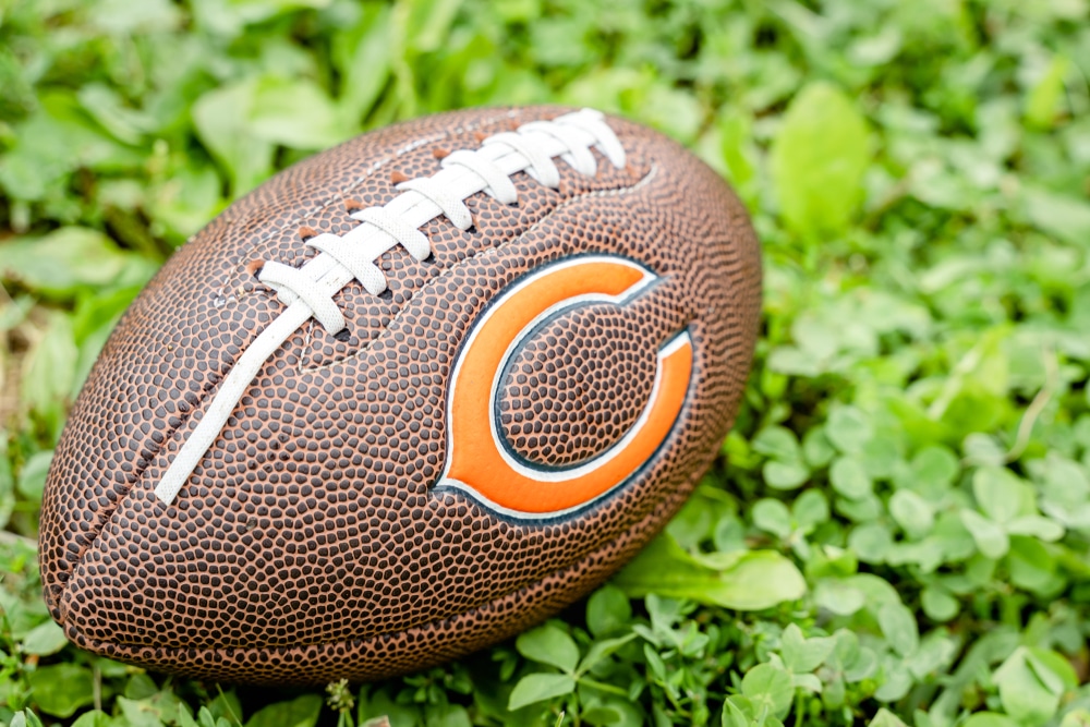 Football with Chicago Bears logo resting in the grass