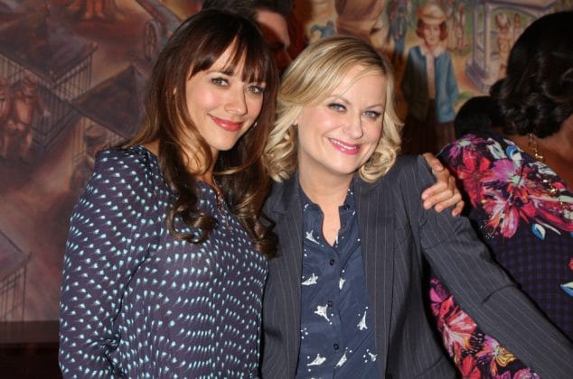 Parks and Rec cast members Rashida Jones and Amy Poehler at an event