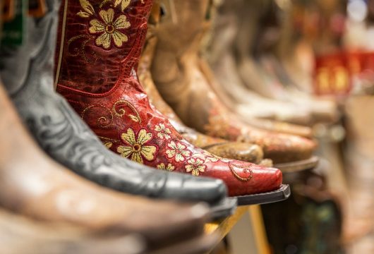 Cowboy boots lined up on a shoe rack