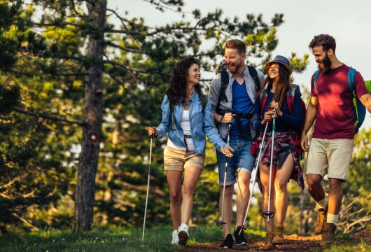 Four-person hiking group on an outdoor adventure