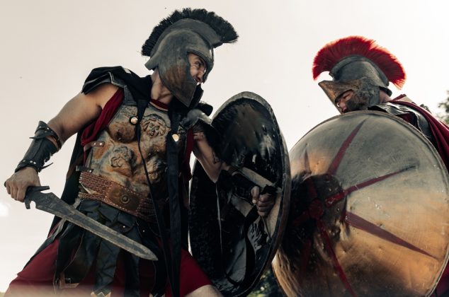 Spartan warrior in battle with an opponent